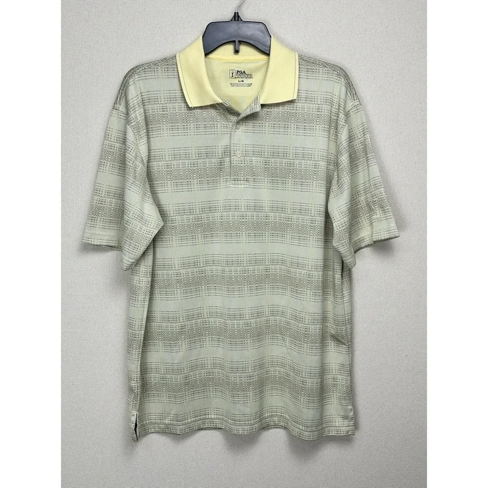 PGA‎ Tour Polo Golf Shirt Men's Size Large Yellow Striped Short Sleeve